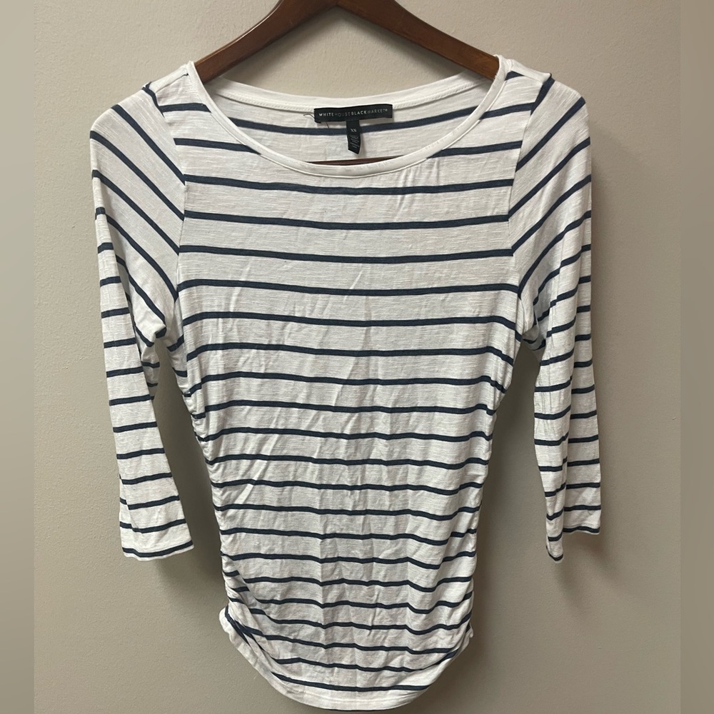 White House Black Market WHBM Ruched-Side 3/4 Sleeve Tee Stripped XS - Picture 5 of 8